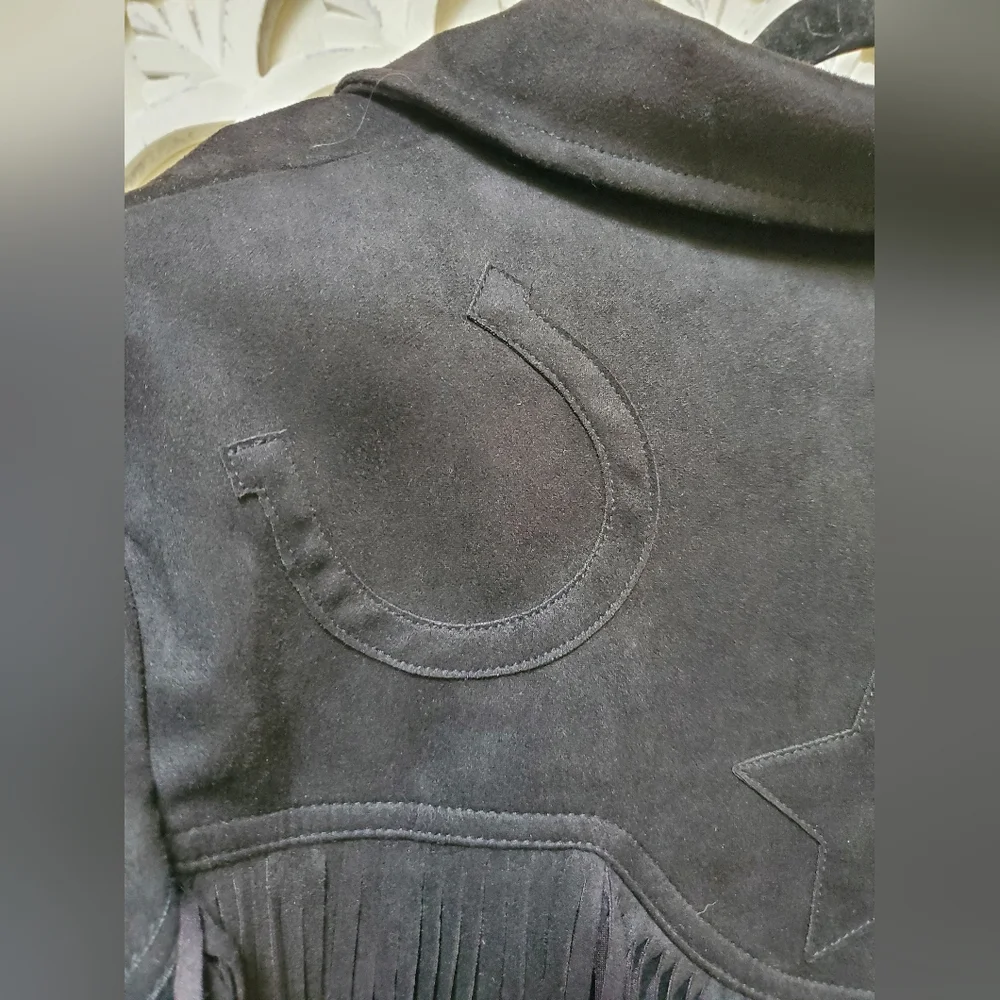 NWT Unique Vintage Black Faux Suede Tassle Fringe Cropped Jacket 1X / 16 - Picture 10 of 16